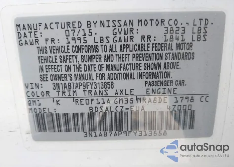 2015 Nissan Sentra S z USA, uszkodzony, nr VIN 3N1AB7AP9FY313858